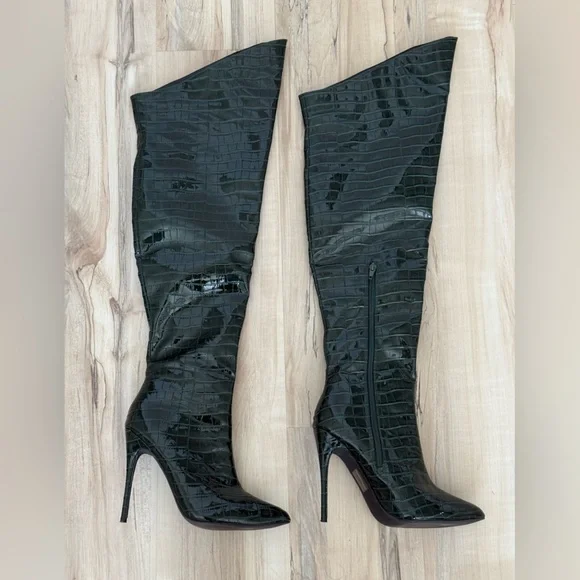 Fashion Nova Green Croc-Embossed Over The Knee Boots | Size 7.5 | Stiletto Heel - Picture 7 of 8